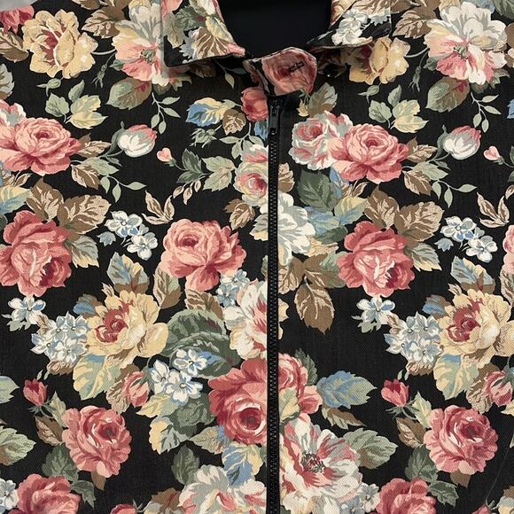 VTG TAPESTRY floral, denim collared, zip up bomber jacket pink black m - Picture 2 of 7